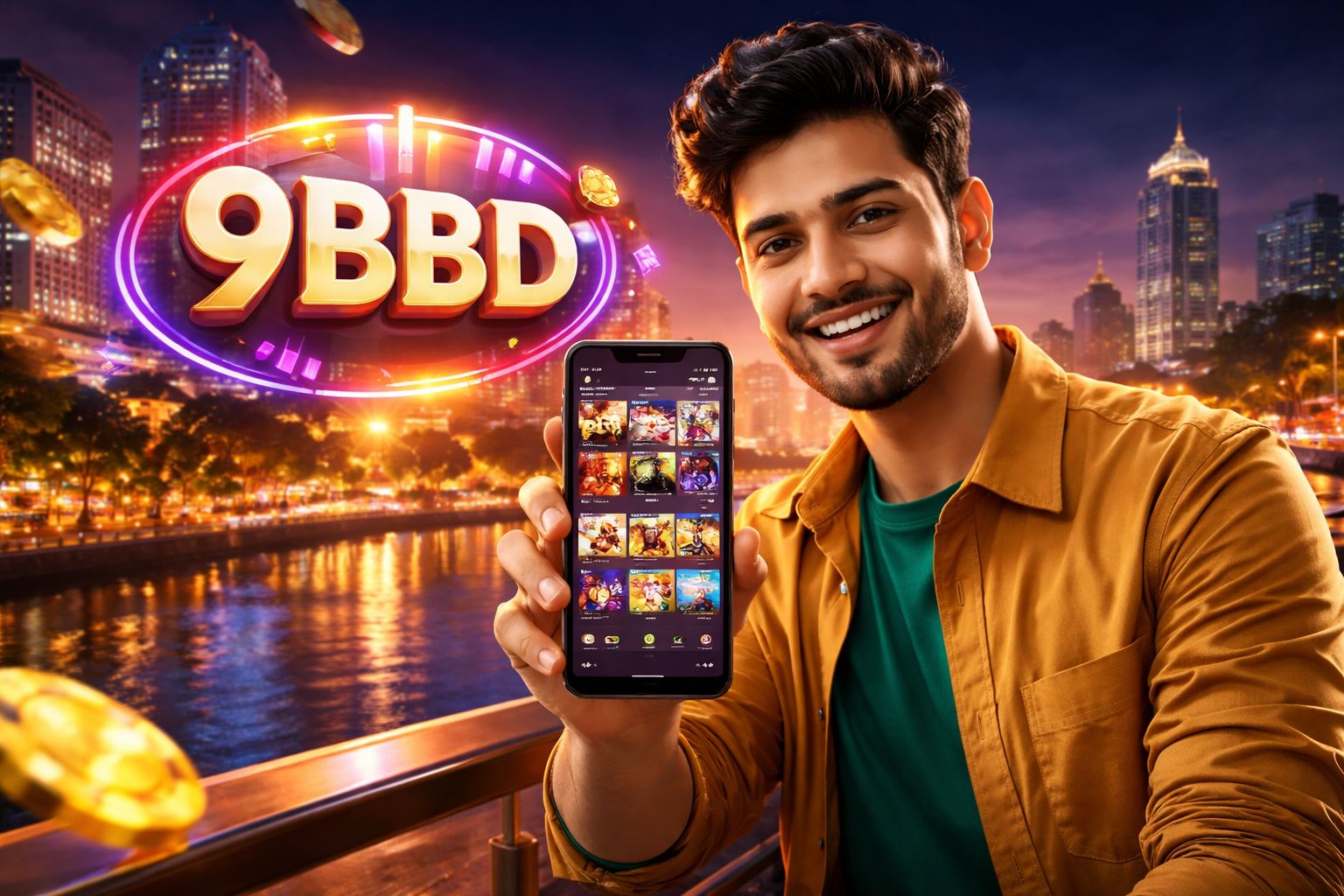 Confident Bangladeshi casino host presenting the live game board with bright tokens symbolizing trust and exhilarating fun at 9BBD lobby