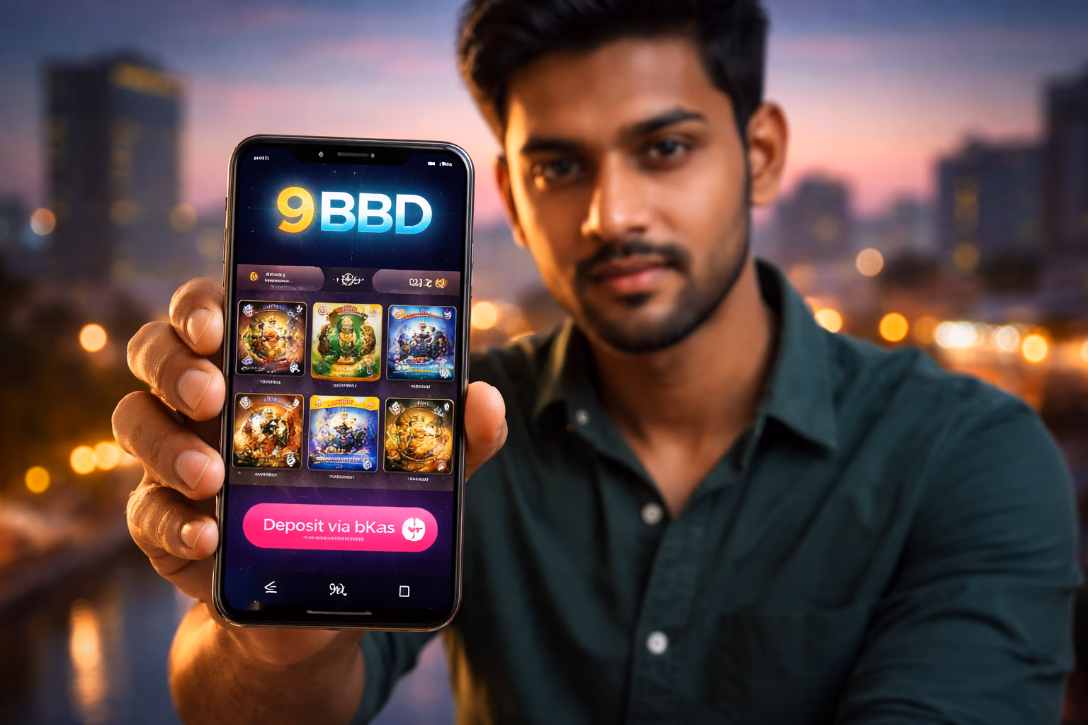 Focused Bangladeshi player tapping the 9BBD casino app on a smartphone with glowing chips and cards swirling in a vibrant gaming scene
