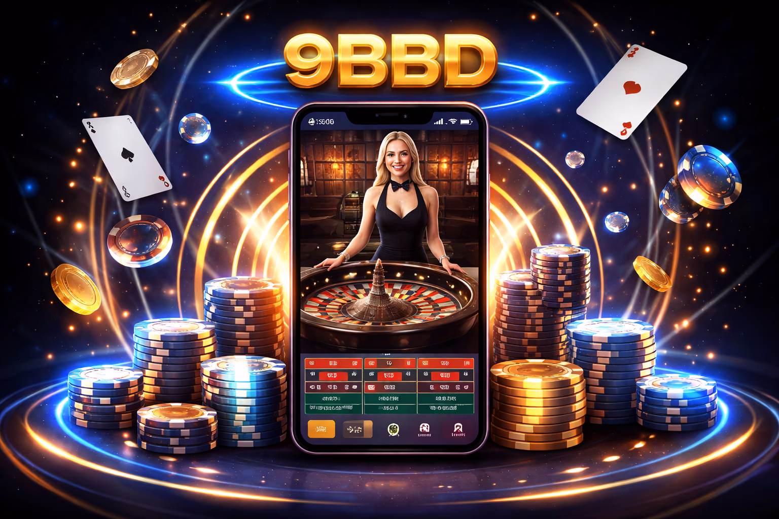 Cheerful Bangladeshi player enjoying the 9BBD mobile casino app with glowing tokens and bright cards radiating behind