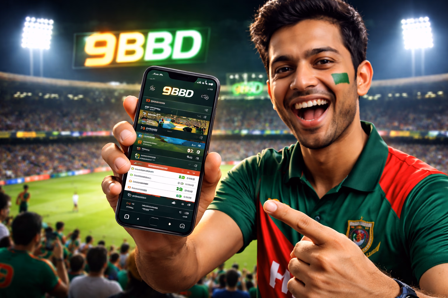 Focused Bangladeshi sports fan placing live cricket bets on a desktop while watching the match unfold on TV through the 9BBD wagering platform