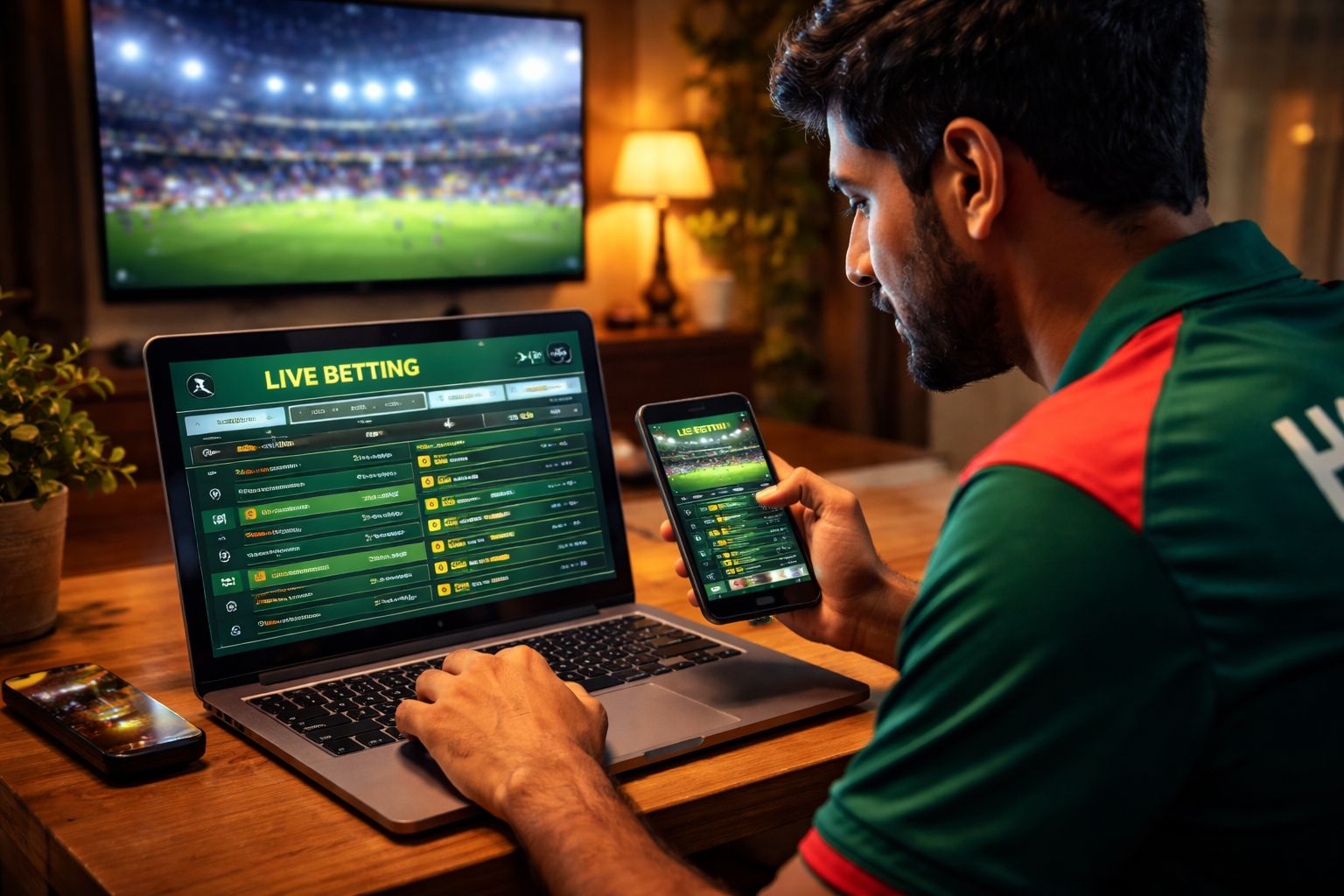 Eager Bangladeshi punter reviewing live cricket betting markets on a computer using 9BBD while a televised match plays in the background
