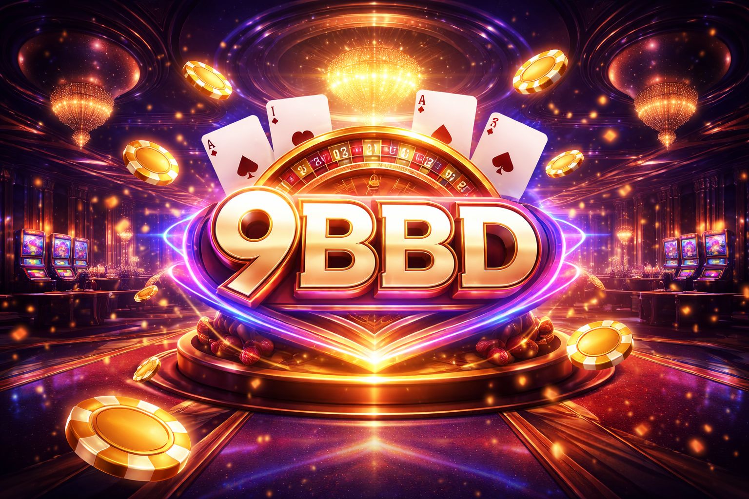 Glowing 9BBD neon signage above a digital casino lobby with floating chips and roulette wheel imagery for Bangladesh players