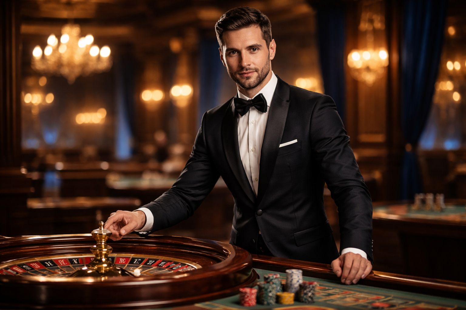 Professional dealer in formal attire confidently spinning a roulette wheel inside an elegant studio with warm gold lighting at 9BBD Bangladesh