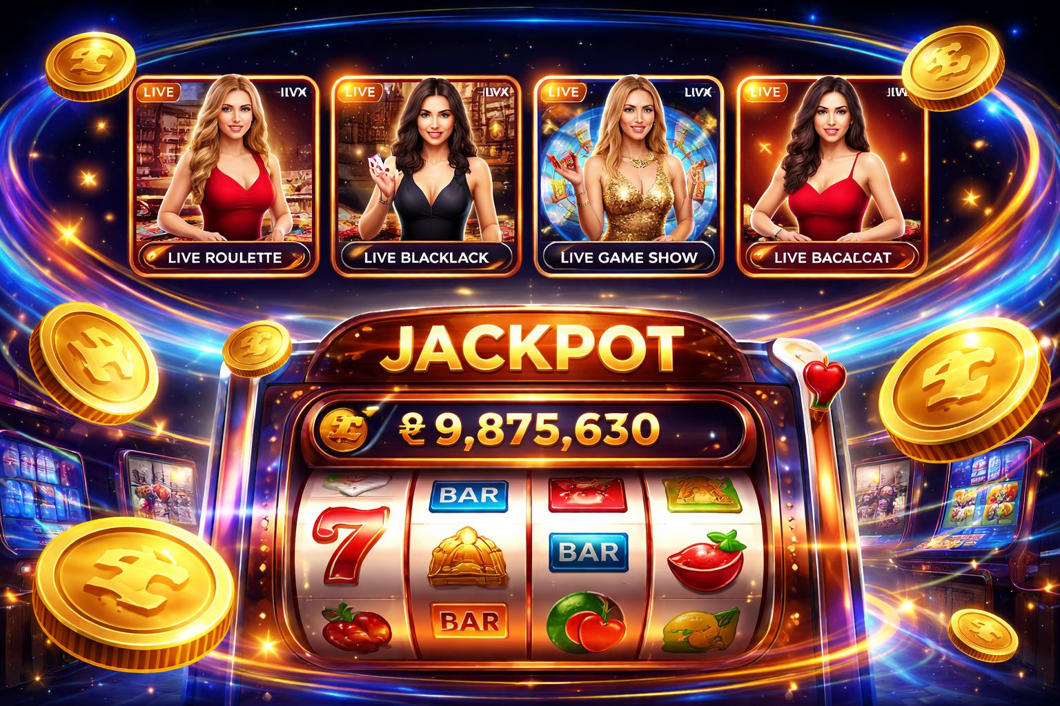 Confident croupier in professional uniform standing beside a glowing roulette table surrounded by floating jackpot chips representing 9BBD Bangladesh