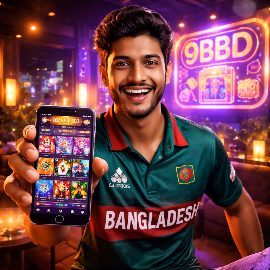 Bangladesh gamer enjoying colorful online casino titles on a desktop displaying the bright 9BBD games dashboard