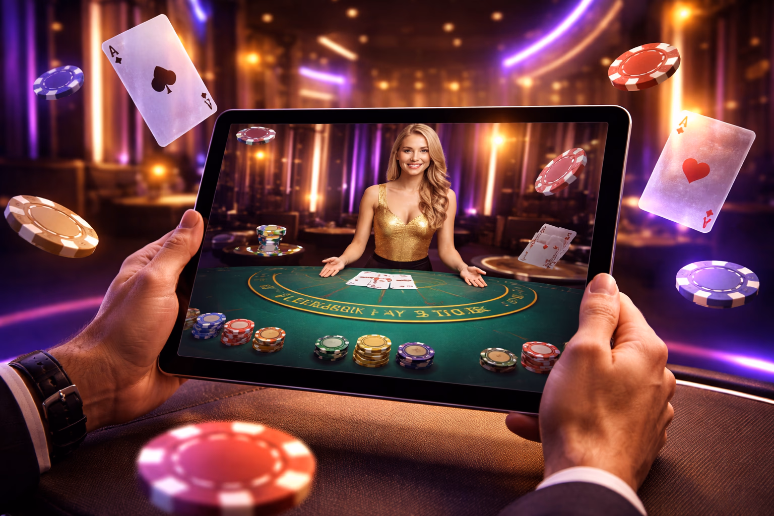Focused casino player working on a desktop in a neon-lit room enjoying the immersive 9BBD virtual gaming experience for Bangladesh