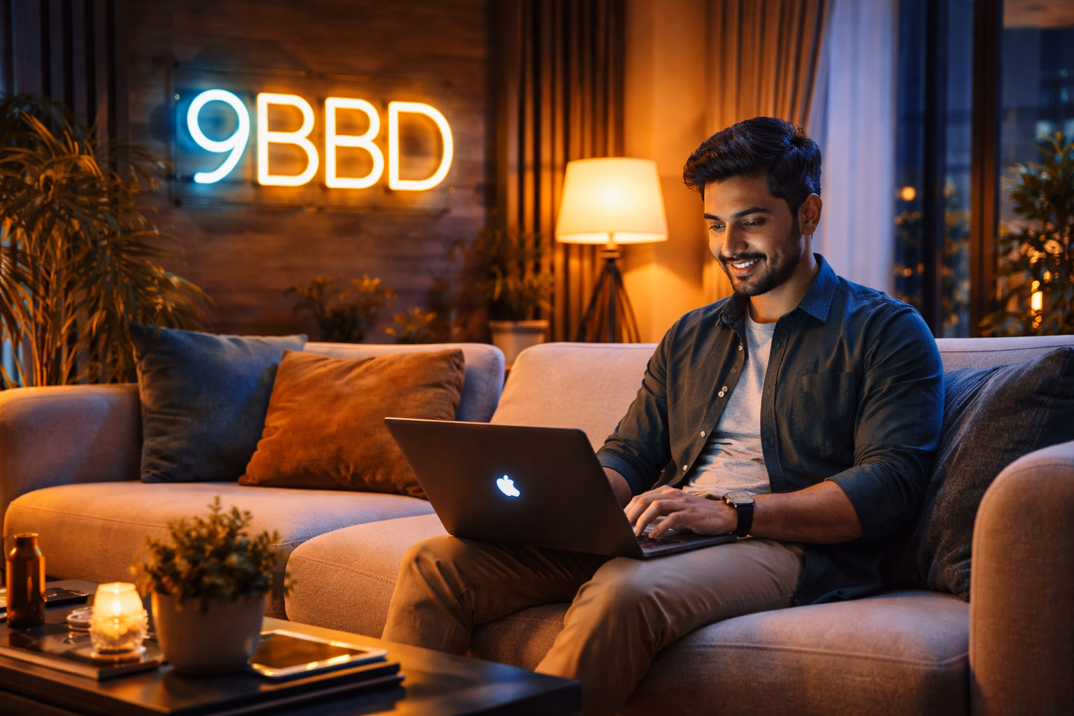 Confident Bangladeshi casino host gesturing toward a glowing 9BBD sign-in panel inside a luxurious gaming lounge