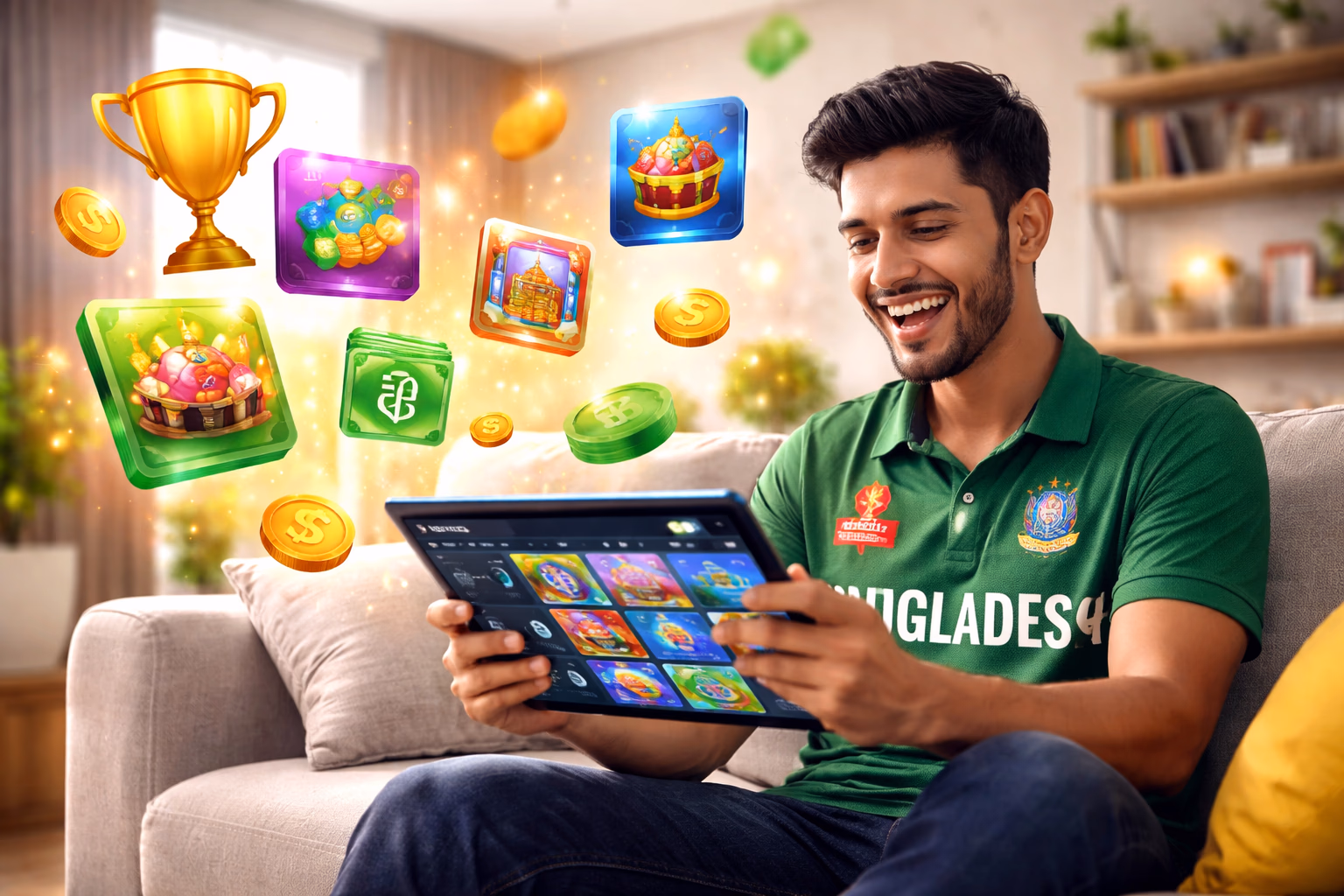 Cheerful Bangladeshi player viewing the 9BBD member dashboard with floating reward icons and bonus offers