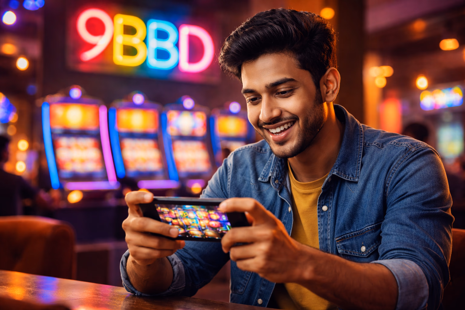 Excited Bangladeshi player enjoying vibrant slot reels with jackpot symbols glowing brightly at 9BBD casino