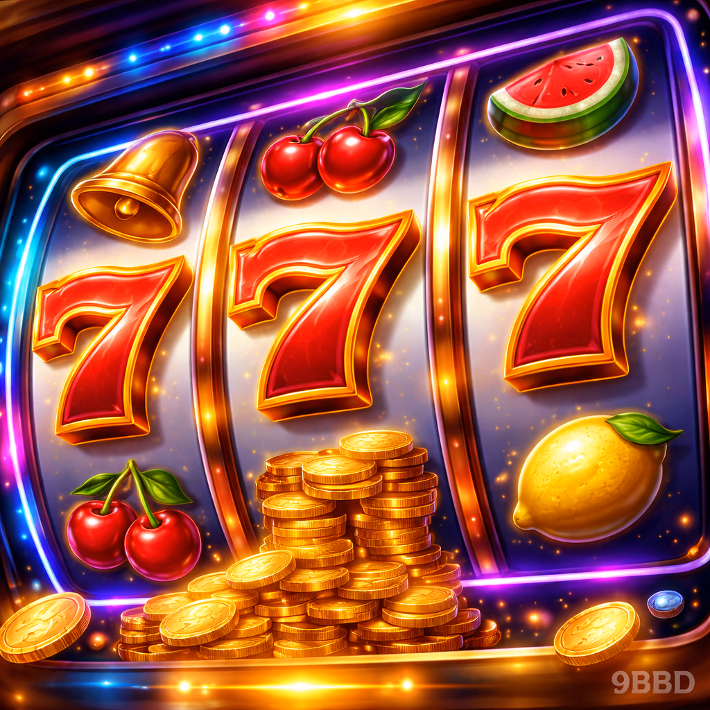 Cheerful woman celebrating a slot win with colorful 777 symbols and golden coins on 9BBD platform